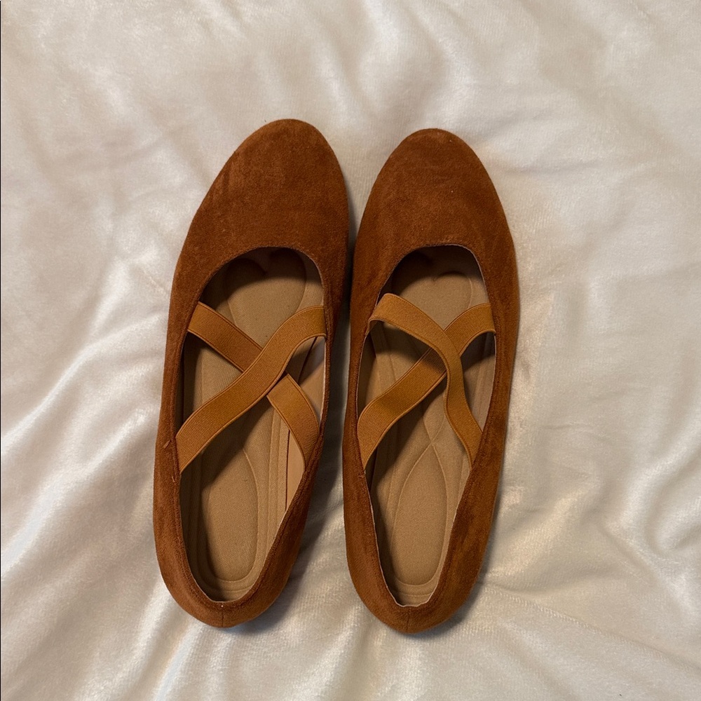 Women's Tan Suede Ballet Flats with Cross Straps